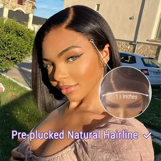 16" 100% Brazilian Human Hair Glueless Bob Wig: 13x6/7x5 Lace Frontal, Precut Straight