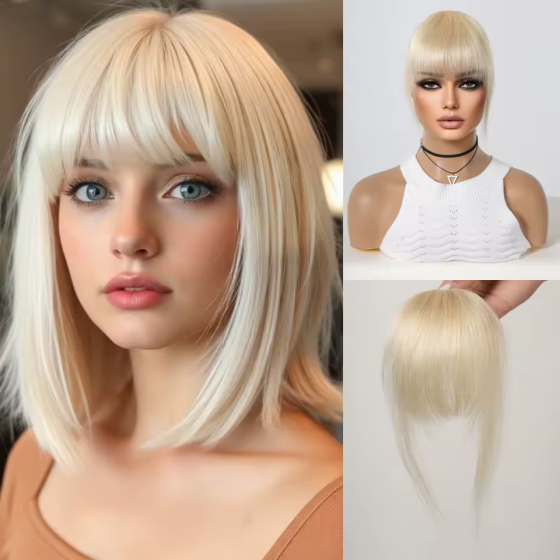 100% Human Hair Clip-in Bangs: Blonde/Natural Color, Fringe with Temple, Easy Wear