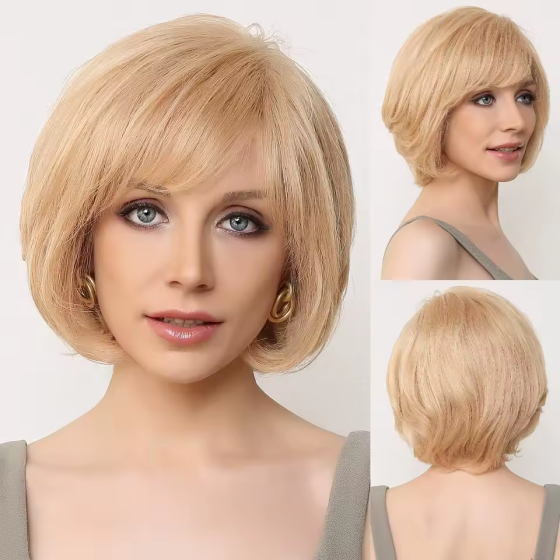 100% Human Hair Side Part Lace Frontal Bob Wig: Honey Blonde, Short Wavy with Bangs,