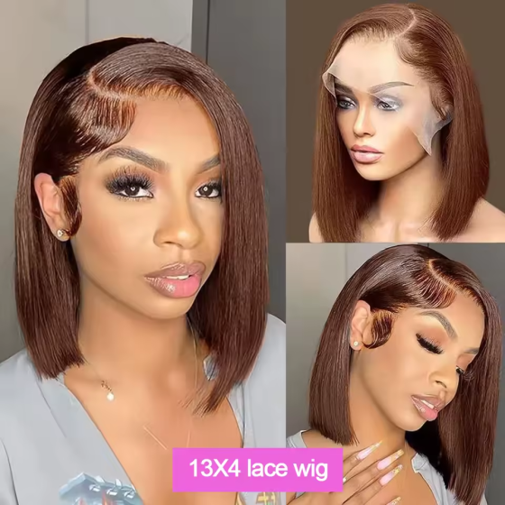 13x4 Lace Front 100% Human Hair Bob Wig: #4 Chocolate Brown, Glueless Straight
