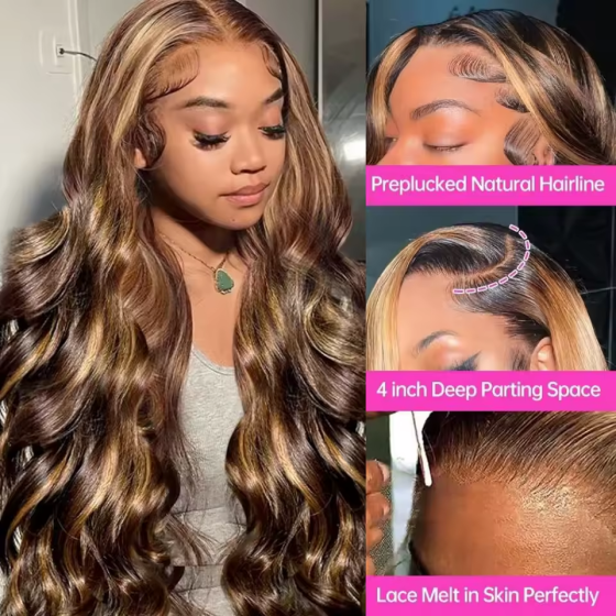 HD Lace 100% Human Hair Wig: P4/27 Ombre Honey Blonde, Body Wave Preplucked, 40"/46"