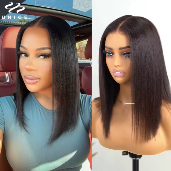 100% Human Hair Bob Wig: 7x5/13x4 Lace Front, Yaki Straight, Pre Bleached/Cut/Wear Go, Glueless