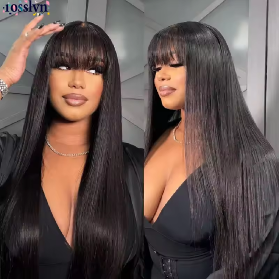 100% Human Hair Wig: 1B Black Straight with Bangs