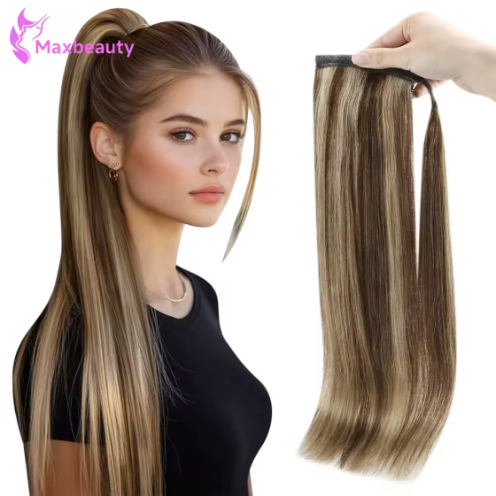 100% Human Hair Clip-In Ponytail Extension: #4/27 Color Straight Wrap-Around Ponytail