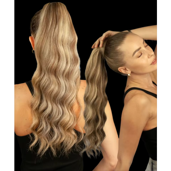 Yelo 100% Remy Human Hair Wrap-Around Ponytail Extension: Body Wave/Wavy/Curly, Blond/Natural Black
