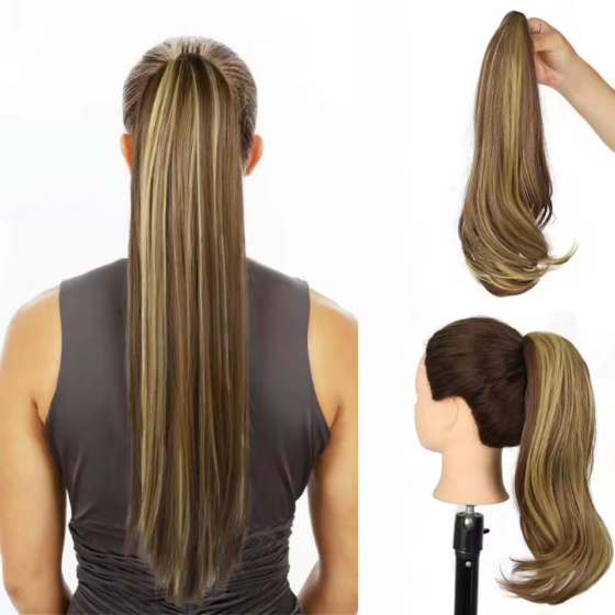 100% Brazilian Human Hair Drawstring Ponytail: 4/27 Highlight Straight, Clip-In Design