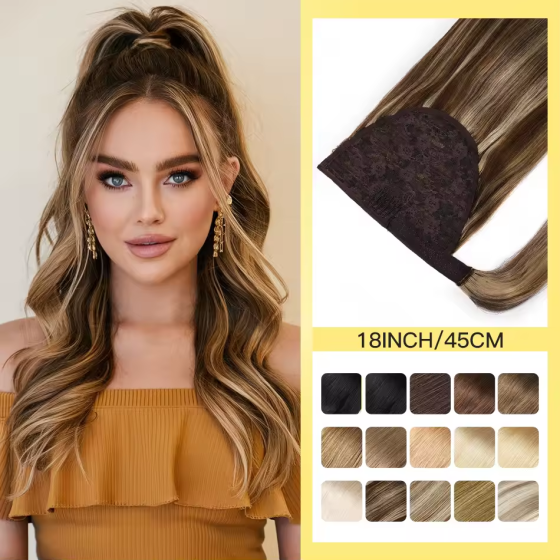 100% Brazilian Remy Human Hair Wrap-Around Ponytail: Straight Magic Tie, Clip-In Design