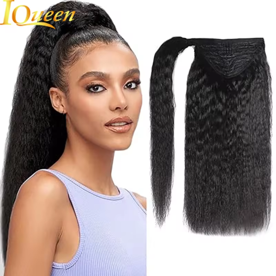 100% Human Hair Kinky Straight Wrap-Around Ponytail: Natural Black,  High Ponytail Design