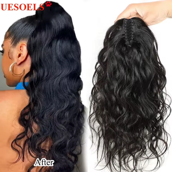 100% Brazilian Human Hair Claw Clip Ponytail: 28 Inch Body Wave, Natural Black
