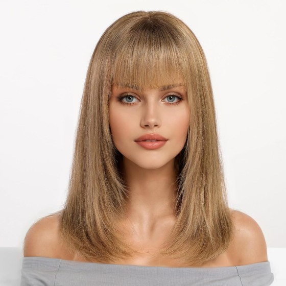 16" Ombre Brown Human Hair Wig: Layered Straight with Bangs, Natural Realism